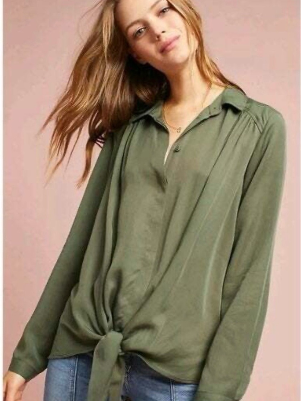 Maeve Olive Tie-Front Button Down Shirt size small